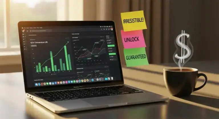 Copywriting tips illustration: Laptop, data charts, coffee with $ smoke, sticky notes.